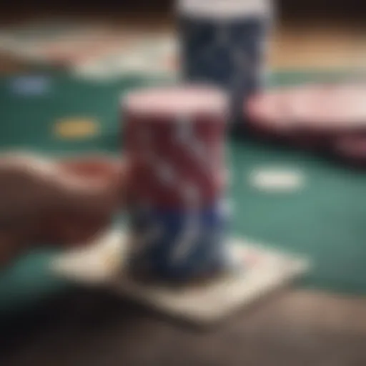 A close-up view of poker chips and cards on a table