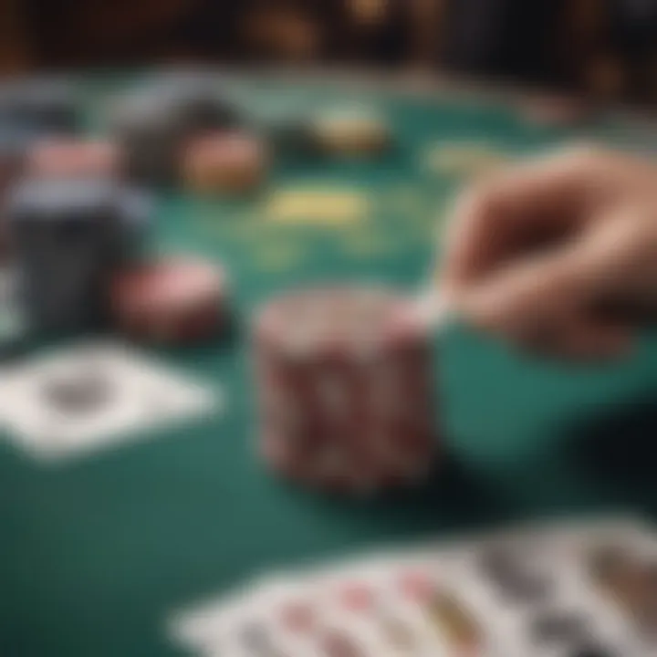 A close-up of poker chips and playing cards on a table