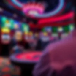 A vibrant view of a live casino setup featuring a dealer and gaming tables.