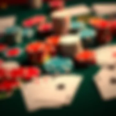 Various Caribbean Poker chips and cards spread out