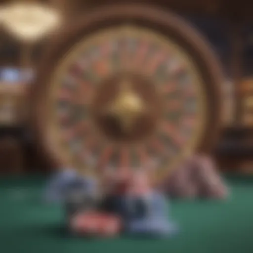 An array of casino chips with a blurred roulette wheel in the background