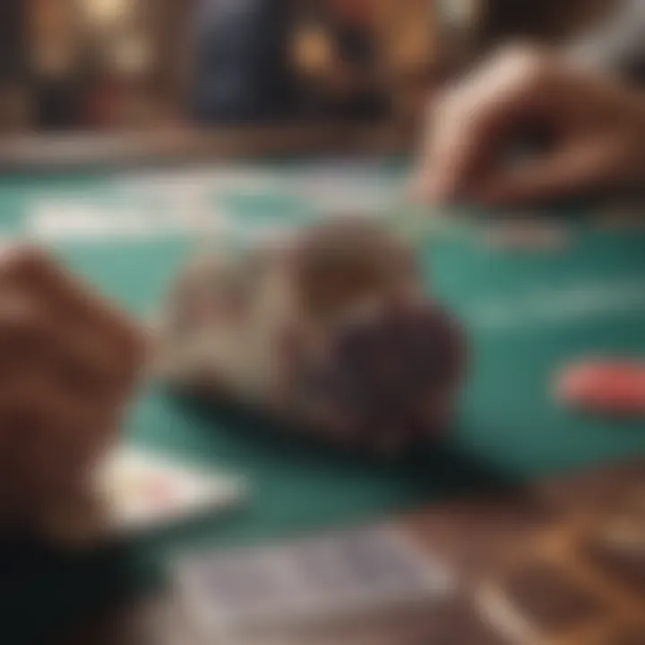 A close-up of a poker table with chips and cards, highlighting a game in action.