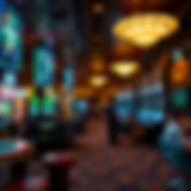 Diverse Gaming Experience An elegant casino floor bustling with diverse gaming options like slots and poker tables.