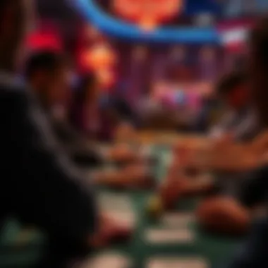 High-Stakes Poker A close-up of a poker table in action with players engaged in a high-stakes game.