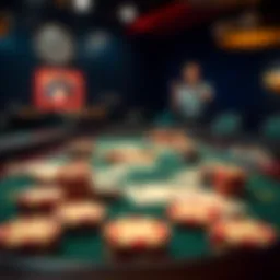 A strategic poker table setup showcasing various chips and cards
