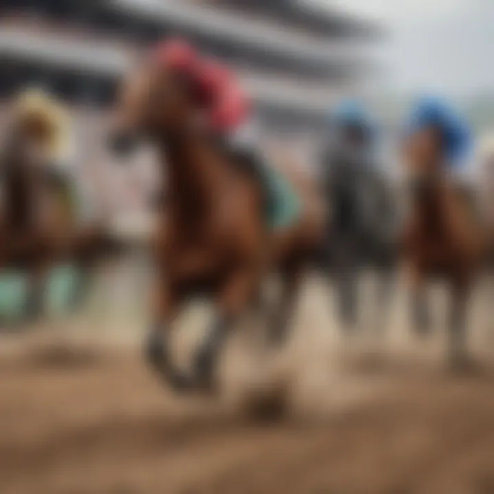 A close-up of a horse racing past the finish line, symbolizing the thrill of the race