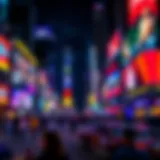 A vibrant night scene of Times Square bustling with activity and bright lights.