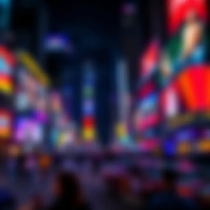 A vibrant night scene of Times Square bustling with activity and bright lights.