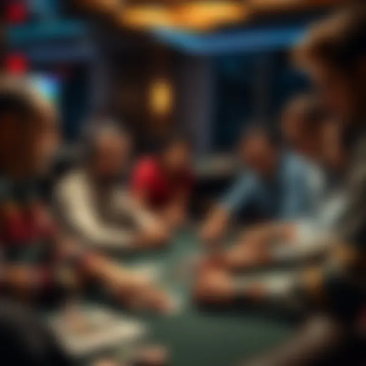 A diverse group of players strategizing at a poker table.