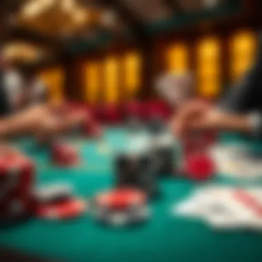 Close-up of poker chips and cards on a table during a tournament.