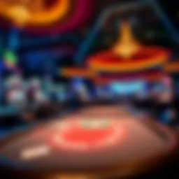 Vibrant casino atmosphere with poker tables
