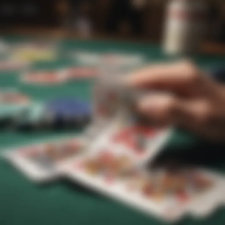 Close-up of cards and chips in a blackjack game