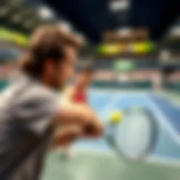 Tennis court with players in action