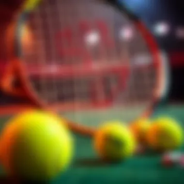 A close-up of a tennis racquet and balls