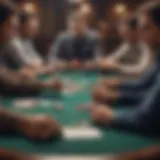 A dramatic poker table scene showcasing intense concentration.