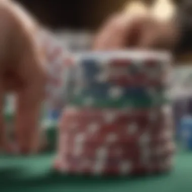 A close-up of poker chips stacked in anticipation of a big wager.